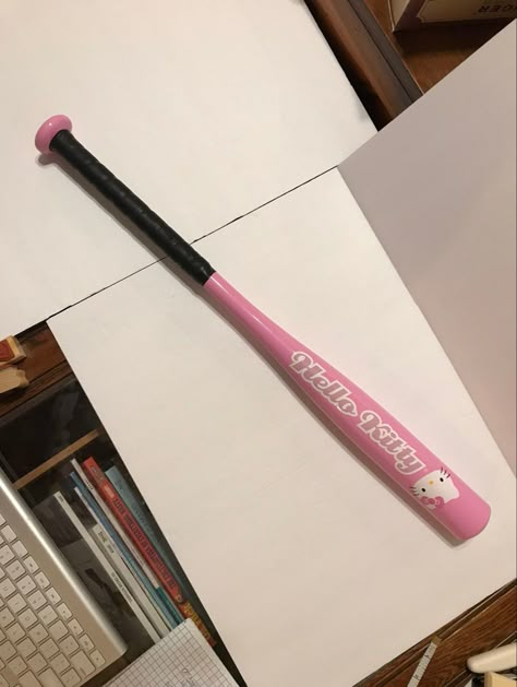 #baseball #bat #kawaii #cute #hellokitty #sanrio #aesthetic #pinterest Baseball Bat Aesthetic, Pink Baseball Bat, Baseball Bat Drawing, Hello Kitty Baseball, Baseball Aesthetic, Zombie Survivor, Kawaii Bat, Kei Truck, University Dorm