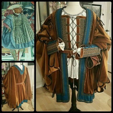 Angela Mombers: I finished the Italian Cioppa for my husband. Pattern is based on Period Patterns 43 as well as the pattern for the doublet and the smock. Material facts : 8 meters of velvet, 2 meters wool, 8 meters of lining, 18 meter galon, 18 meter leather piping, 27 meters bias tape, 30 buttons, 6 meter cord, 3 meter eyelet tape.  Most materials are recycled like old curtains and an old leather jacket. You can see the whole process on www.walkingthroughhistory.com. Wizard Fashion, 1500s Fashion, Mens Garb, Medieval Costume, Almost Ready, Medieval Clothing, Retro Mode, Fantasy Costumes, Medieval Fashion