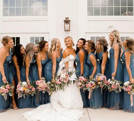 When your I do crew is your something blue! 💙✨ Denim Blue Bridesmaids Dresses, Slate Blue Wedding Colors, Fall Blue Bridesmaid Dresses, Bridesmaids Something Blue, Blue Wedding Theme Bridesmaid Dresses, Elegant Wedding Color Schemes Classy, Blue Fall Wedding Colors, French Blue Bridesmaid Dresses, Navy Blue Bridal Party