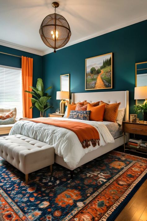 Which colors go best with Teal - Delineate Your Dwelling Teal Bedroom, Bedroom Orange, Bohemian Bedroom Decor, Boho Bedroom Decor, Bedroom Boho, Master Bedrooms Decor, Boho Bedroom, My New Room, Cozy Bedroom