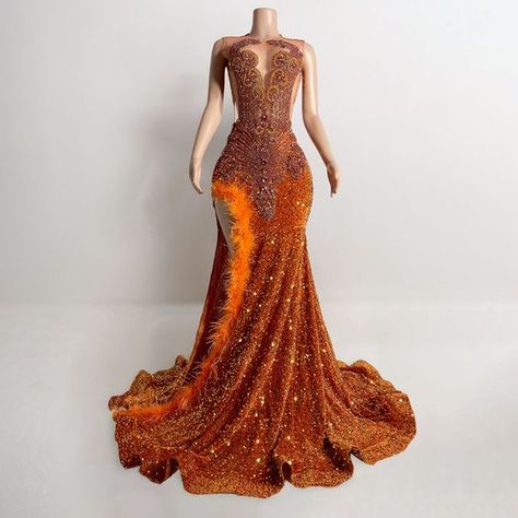 Burnt Orange Prom Dress, Orange Prom Dresses, Girl Prom, Feather Gown, Prom Photoshoot, Homecoming Ideas, Gorgeous Prom Dresses, Gold Prom Dresses, Prom 2024