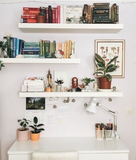 Above Desk Shelving Ideas, Shelfs For Books Wall, Shelf Above Desk Decor, Floating Book Shelves Over Desk, Shelf Decor Above Desk, Desks With Shelves Above, Above Desk Bookshelves, Home Office Wall Shelves Above Desk, Book Shelves Above Desk