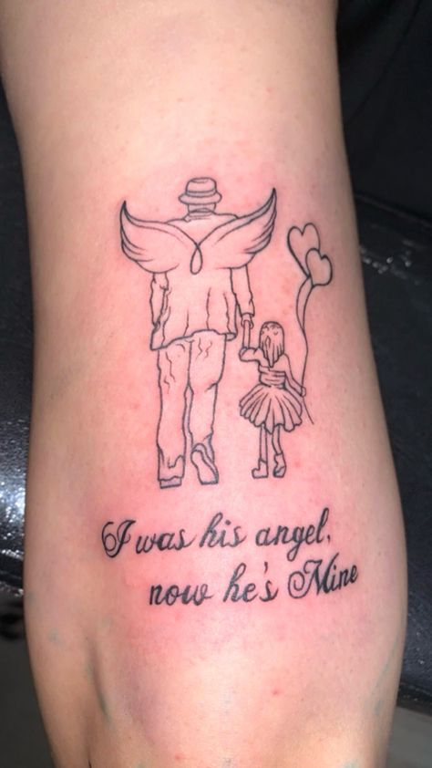 Angel tattoo Rip Tattoos For Dad, Mine Tattoo, Pair Tattoos, Baby Angel Tattoo, Memorial Tattoo Ideas, Rip Tattoo, Tribute Tattoos, Dad Tattoos, Memorial Tattoo