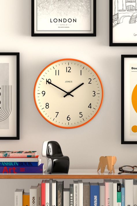 Jones Clocks Jam Wall Clock Wall Clock And Shelves, Mens Room Accessories, Clock Ideas For Living Room, Cute Wall Clock, Kitchen Clock Ideas, Bright Office Decor, Modern Clock Design, Clock On The Wall, Clock Room