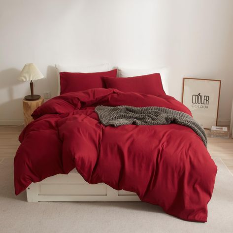 PRICES MAY VARY. 【Material】: Brushed Microfiber Duvet Cover Set. Breathable.Soft.Comfortable.Easy Care.Anti-Wrinkle. 【3PC Bedding Duvet Cover Sets】:Queen: 90" x 90" inches Duvet Cover and 2 Pillowcases 20" x 30" inches,Please Note the Comforter is NOT Included 【Features】:Queen Duvet Cover with Zipper Closure&4 Corner Ties. Envelope Pillowcases. Suitable for All Seasons.Won't Make You Overheat at Night. Easy to Clean the Pet Hair . 【Design】:Modern Simple Solid Burgundy Duvet Cover Set. A Nice Bed Red Comforter Bedroom Ideas, Red Rooms Bedroom, Txst Dorm, Dark Red Bedroom Ideas, Red Bed Set, Red Bedspread, Burgundy Bedding, Nice Bedding, Bedding Red