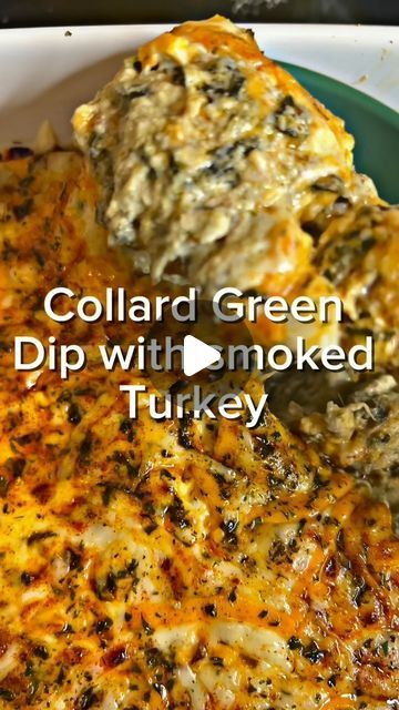 Shannon Smith on Instagram: "This smoked turkey collard green dip was one for the books it’s sooo good🔥 paired with my greens seasoning you can’t miss🔥  Shop justusseasonings.com   #fyp #dinnerideas #appitizers" Breakfast Collard Greens, Collard Green Dip Recipe, Smoked Dressing, Collard Green Dip, Green Food Party, Homemade Cheese Dip, Friendsgiving 2023, Hot Dips, Green Dip