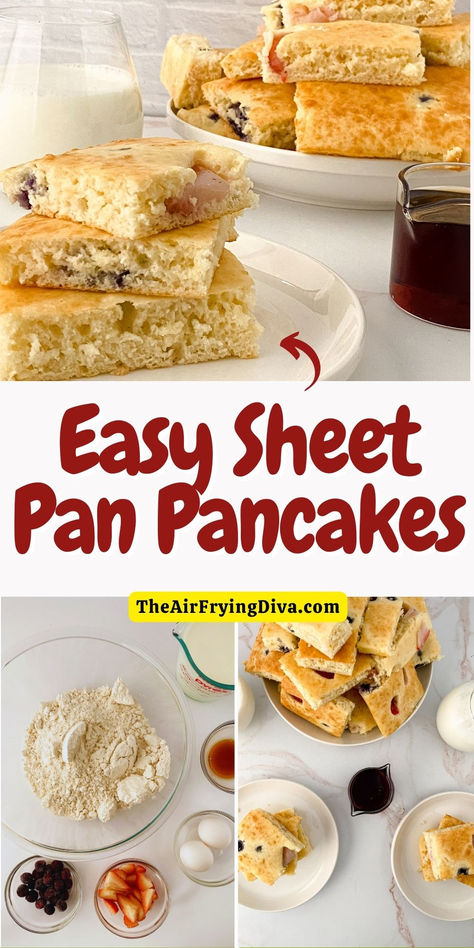 Easy Sheet Pan Pancakes Recipe Gf Sheet Pan Pancakes, Sheet Pan Pancakes With Pancake Mix Easy, Sheet Pan Pancakes Easy, Pancake Sheet Pan, Make Ahead Pancakes, Sheet Pancake Recipe, Sausage Pancakes, Sheet Pancakes, Pancake Bake