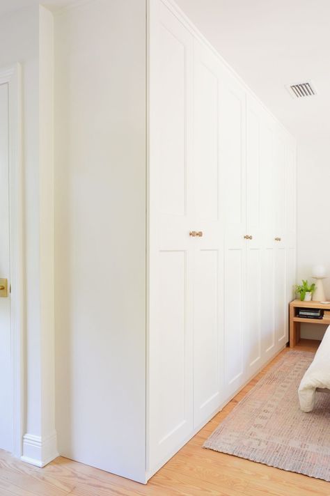 Making Ikea Pax Wardrobes Look Built-In | Young House Love Ikea Closet Wall Built Ins, Pax Ikea Closet, Pax Wardrobe Interior, Bedroom Closet Built In, Bedroom With Pax Wardrobe, Ikea Wardrobe Wall, Ikea Pax Small Bedroom, Ikea Built Ins Bedroom, Ikea Pax Around Bed