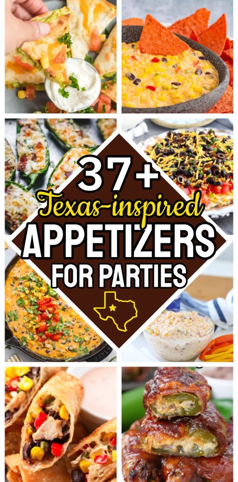 37+ Texas Inspired Appetizers For Parties - Put a little Tex-Mex in your party food with these yummy Texas-style appetizers with just the right amount of cowboy-spicy kick. From Christmas to Cinco De Mayo, the southwest finger foods and caviar dips are easy shareable snacks for party events, potlucks and small gatherings. Fun cheap party food ideas and easy potluck dishes to bring to special events. Cowboy Potluck Ideas, Easy Mexican Finger Foods For Party, Easy Fast Finger Foods, Wild West Appetizers, Cowboy Christmas Party Food, Snack Spread Ideas, Cajun Finger Foods For Party, Texas Appetizers Parties, Taco Bar Appetizers