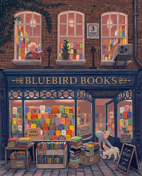 Inspirational Illustrations on Instagram: “Bluebird Books 📚💜 Artist: @toyillustration 🌼 🌼 🌼 🌼 #books #cozy #bookshop #libreria #childhood #dog #childrenillustration…” Cozy Mysteries, Series Illustration, 동화 삽화, Shop Illustration, Dessin Adorable, Dreamy Art, Book Nooks, Book Store, I Love Books