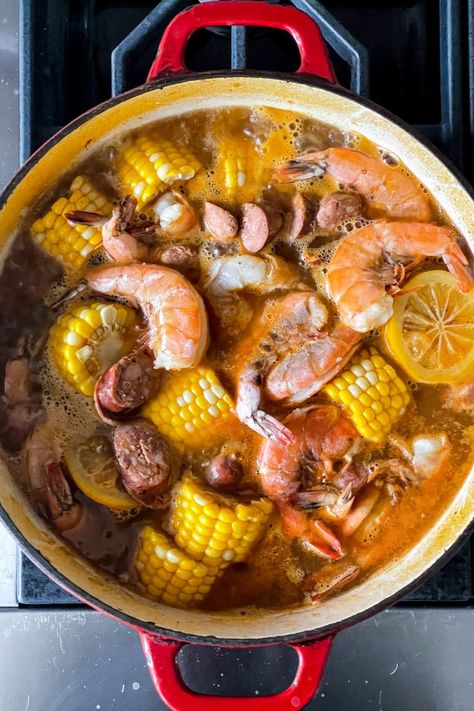 How to Make THE BEST Shrimp Boil | foodiecrush.com Shrimp Boil On Stove Top, Shrimp Boil With Beer, At Home Shrimp Boil, Old Bay Boil, Low Carb Shrimp Boil, Stovetop Shrimp Boil, Shrimp Boil For 2, Seafood Boil Old Bay Seasoning, Stove Top Low Country Boil