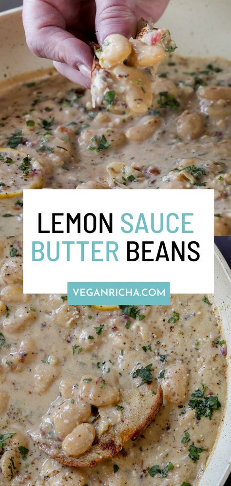 Garlic butter beans with bright, lemony flavors are a super quick, 1-pan, 30 minute bean recipe. Serve it with rice, pasta, or crusty bread for an easy meal. Butter Bean Chili, Vegan Bean Recipes, Lemon Asparagus Pasta, Butter Bean Soup, Butter Beans Recipe, Lemon Garlic Sauce, Bean Recipe, Instant Pot Cookbook, Vegan Beans