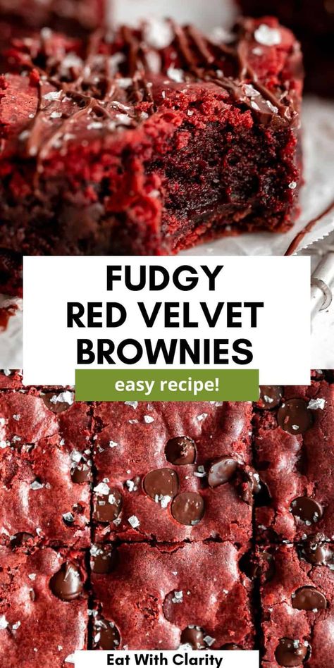 These fudgy red velvet brownies are easy to make, gluten free and loaded with chocolate chips. These brownies are rich, indulgent and made in one bowl. With a buttery flavor, fudgy texture, these dairy free brownies are the perfect valentines day dessert. Red Velvet Traybake, Fudgy Red Velvet Brownies, Red Velvet Brownies From Box Cake Mixes, Red Velvet Bars, Gathering Recipes, Red Velvet Brownies Recipe, Valentines Day Dessert, Velvet Brownies, Brownies Recipes