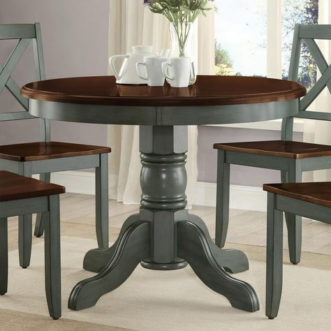 Better Homes & Gardens Cambridge Place Dining Table, Blue & Mocha Finish - Walmart.com Table Renovation Ideas, Old Kitchen Table Makeover, Refinish Oak Table, Painting Dining Room Table, Refurbished Dining Table, Diy Dining Table Makeover, Refinished Kitchen Table, Rehabbing Furniture, Chalk Paint Kitchen Table