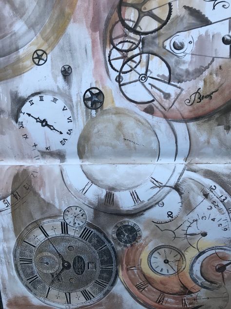 Here in my sketchbook I was exploring the concept of time passing. Some clock images were created using some photocopied images. Others were drawn by putting oil pastel on the back of a photocopied imade, and then tracing on top. I also hand-painted additional clock details. I finally added a watercoloured wash background. #art #artist #artwork #tips #tipsandtricks #sketch #sketchbook #time #ideas #clock Time Artwork, Time Based Art, Clock Painting, Gcse Art Sketchbook, Clock Art, Oil Pastel Art, Time Art, Interactive Art, Gcse Art