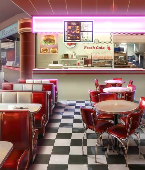 Zepeto Restaurant Background, Fusion Fall, Diner Branding, Diner Aesthetic, 50's Diner, Wattpad Background, 50s Diner, Episode Interactive Backgrounds, Episode Backgrounds