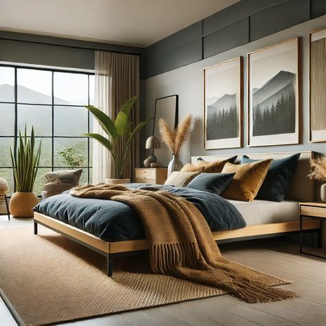 Walnut And Navy Bedroom, Navy And Oak Bedroom, Organic Modern Bedroom Blue, Blue Japandi Bedroom, Navy And Brown Bedroom, Navy And Beige Bedroom, Blue And Brown Bedroom Ideas, Sanderson House, Dark Brown Bedrooms