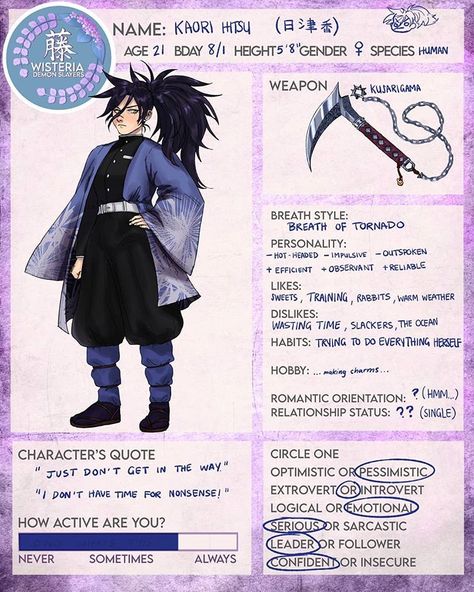 Demon Slayer Art Roleplay en Instagram: “🌪This is @miisareii demon slayer oc Kaori who uses breath of Tornado! Welcome them!🌪 . . . . Please DM me if you wish to join our art rp.…” Character Quotes, Oc Maker Template, Demon Slayer Art Style, Demon Slayer Art, Oc Boy, Demon Slayer Oc, Oc Kny, Face Mug, Demon Hunter