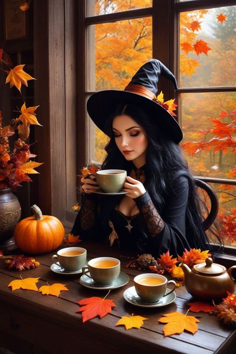 Beautiful autumn witch. (((Hatless))) Drinking her tea while... by Olga Andrievska - Playground Witch With Pumpkin, Autumn Magic Witch, Fall Witch Aesthetic, Autumn Witch Aesthetic, Thanksgiving Witch, Beautiful Witches, Tea Witch, Village Witch, Coffee Magic