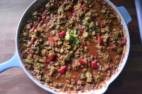 Ground Beef, Okra, and Tomatillo Curry – BIG EATS tiny kitchen Beef Stew Canning Recipe, Stewed Okra, Fresh Veggie Recipes, Making Smores, Recipe Ground Beef, Tomato Beef, Okra And Tomatoes, Recipes Using Ground Beef, Ground Beef Recipe