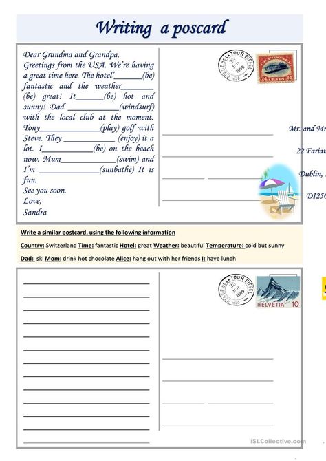 Writing a postcard - English ESL Worksheets for distance learning and physical classrooms Describing Places Writing, Describing Landscapes Writing, Descriptive Writing Activities Grade 5, English Directions Worksheet, Writing Postcards, English Writing Practice, Esl Writing Activities, Postcard Writing, Writing Corner