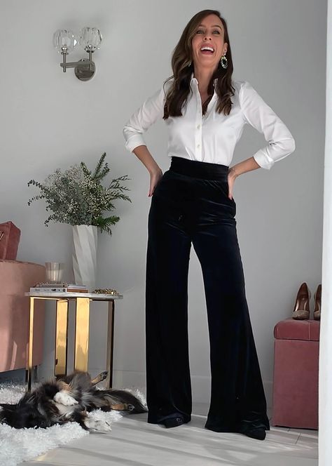 Velvet Pants - 6 Ways To Wear Velvet Pants For The Holidays| Sydne Style Velvet Pants Work Outfit, How To Style Velvet Flare Pants, How To Style Wide Leg Velvet Pants, Blue Velour Pants Outfit, Wide Leg Velour Pants Outfit, Velvet Pants Holiday Outfit, Black Velvet Outfits For Women, Blue Velvet Pants Outfit Winter, Green Velvet Pants Outfits Winter