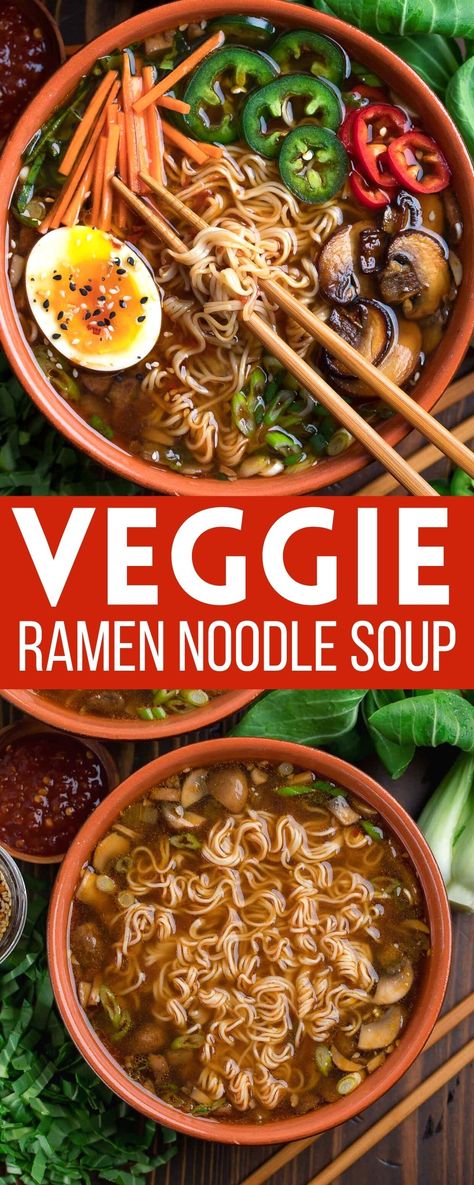 ramen noodle soup with fresh vegetables and soft boiled egg Healthy Ramen Bowls, Vegetarian Recipes Ramen, Spinach Ramen Noodle Recipes, Meatless Ramen Recipes, Raman Noodles Bowl Recipe, Korean Ramen Vegetarian, Ramen Noodle Vegetarian, Healthy Vegan Ramen, Vegetable Ramen Recipes