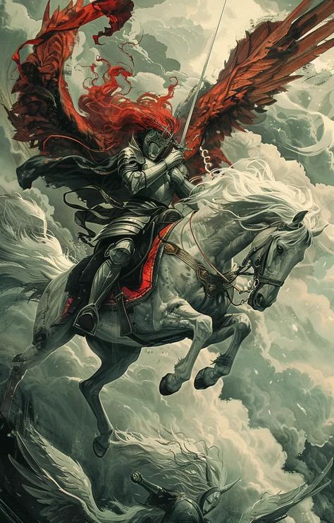 A valiant warrior is depicted in the middle of a fierce fight in this picture. He is mounted on a magnificent white horse with red wings and is dressed in gleaming armor ->> more details in ai-img-gen.com Warrior On Horse Drawing, Warrior On A Horse, Armored Horse, Warrior On Horse, Horse Warrior, Winged Warrior, Warrior Horse, Horse With Armor, Horses In Armor