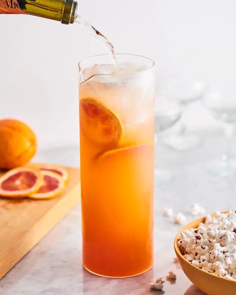 Blood Orange French 75 Pitcher Cocktail | Kitchn Cocktail Pitchers, Easter Drinks, Orange Juice Cocktails, Orange Simple Syrup, Easter Drink, Pitcher Cocktails, French 75 Cocktail, Tangerine Juice, Oscar Viewing Party