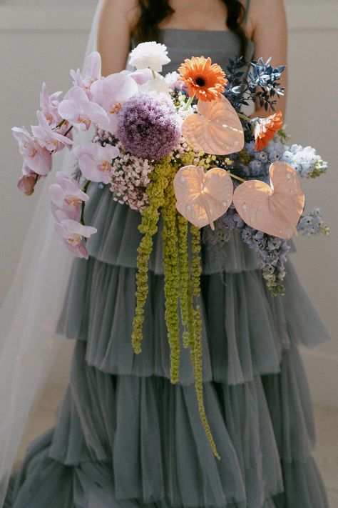 This funky bouquet matches perfectly with the couples colorful ceremony! Air Force Wedding, Unique Bridal Bouquets, Colorful Bridal Bouquet, Unique Bouquet, Colorful Bouquet, Blue Wedding Dresses, Wedding Aisle, Bride Bouquets, Fairytale Wedding