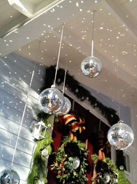 Christmas porch decor disco ball Victorian Front Porch, Holiday House Tours, Fir Trees, Christmas Porch Decor, Front Porch Decorating, Disco Balls, Christmas Porch, Front Porch Christmas Decor, Christmas Door Decorations