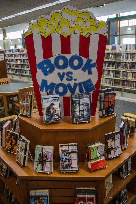 book vs movie, Lester public library School Library Book Displays, School Library Bulletin Boards, School Library Decor, School Library Displays, Teen Library, Middle School Libraries, Library Work, Library Themes, Library Book Displays