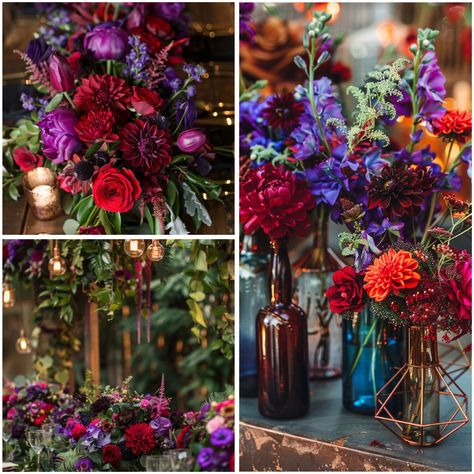 Purple and Red Wedding Theme Ideas & Color Schemes Jewel Tone Outdoor Wedding, Wedding Theme Ideas Color Schemes, Wedding Theme Ideas Color, Purple And Red Wedding Theme, Dark Purple Wedding Theme, Purple And Red Wedding, Jewel Tone Wedding Decor, Jewel Tone Wedding Theme, Purple Black Wedding