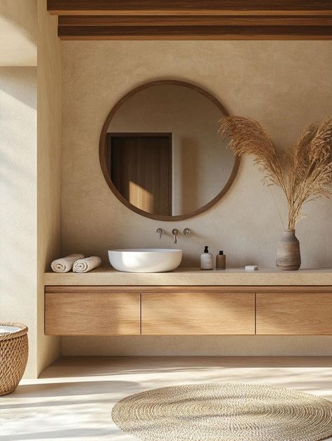 Natural Japandi Bathroom Sink and Lighting Ideas Japandi Bathroom Design Ideas, Japandi Powder Room, Open Bathroom Bedroom, Natural Minimalist Home, Japanese Minimalist Home, Japandi Lighting, Miami Bathroom, Calming Bathroom, Wabi Sabi Bathroom