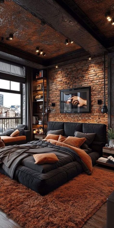 Industrial Style Interior Design Bedroom, Bachelor Home Decor Ideas, Industrial Loft Bedroom Ideas, Mens Apartment Ideas, Bachelor Apartment Decor, Industrial Loft Bedroom, Bachelor Living Room, Bedroom Pillows Arrangement, Masculine Apartment