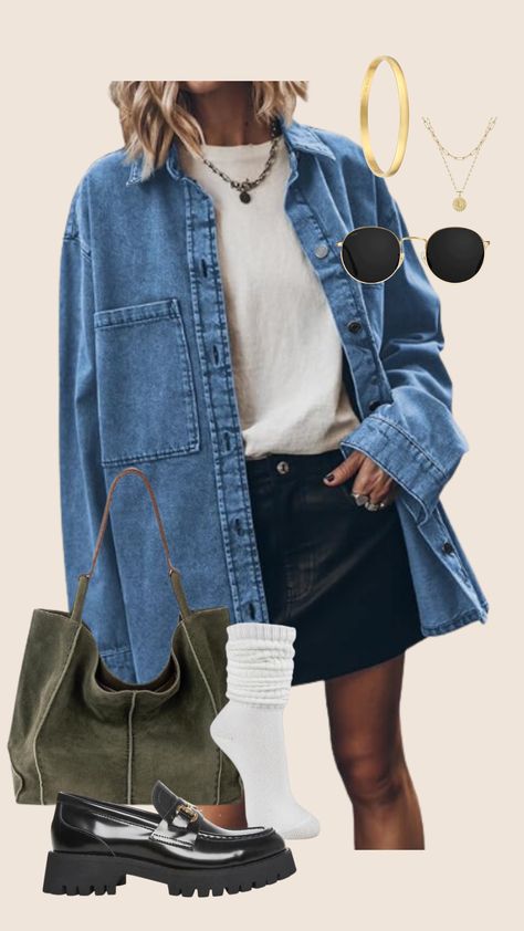 Fall trend 2024 - Denim shirt outfit, loafers, edgy outfit ideas Spring Trend Outfits 2024, Cute Edgy Fall Outfits, Fall Denim On Denim Outfit, Edgy Fall Outfits 2024, 2024 Edgy Outfits, Dark Denim Shirt Outfit Women, Autumn Trends 2024 Fashion, Oversize Denim Shirt Outfit, 2024 Style Trends