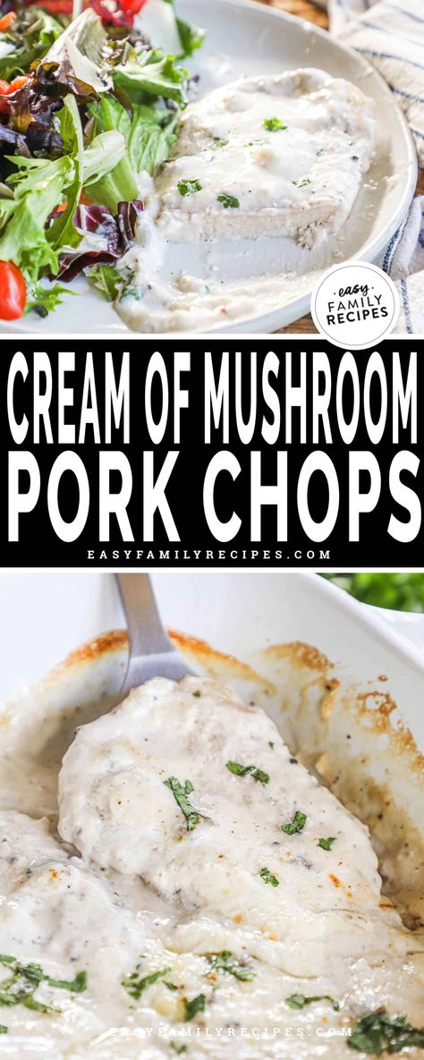 Oven Baked Cream of Mushroom Pork Chops Cream Of Mushroom Pork Chops, Mushroom Soup Pork Chops, Pork Chop Casserole Recipes, Oven Pork Chops, Pork Chop Casserole, Boneless Pork Chop Recipes, Baked Pork Chops Oven, Pork Chop Recipe, Mushroom Pork Chops