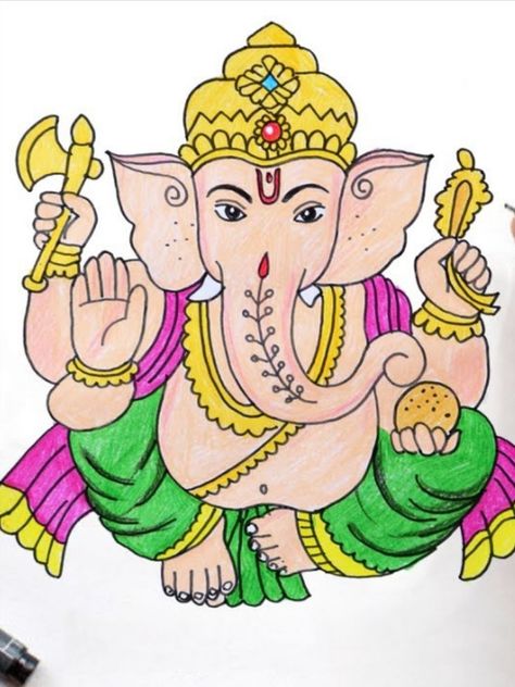 Drawing Ganpati, Ganesh Drawing, Fabric Colour Painting, Poster Rangoli, Ganesha Drawing, Ganpati Bappa Morya, Ganesh Art Paintings, School Book Covers, Buddha Art Painting