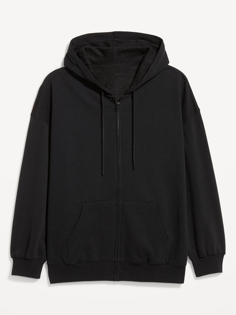 drawstring hood drop-shoulder sleeves full-zip front kangaroo pocket rib-knit trim oversized fit hits at hip models are approx.  5'9" and wear sizes s (4), l (12) and xl (18)machine wash according to the care instruction label Hoodie Zip Up, Black Jacket Women, Baggy Black Jacket, Cute Black Jacket, Black Baggy Hoodie, Black Zip Up, Black Zip Up Hoodie, Black Zipper Hoodie, Black Hoodie Aesthetic