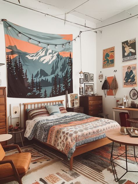 Cozy Bedroom Ideas with Wall Tapestry Inspiration Tapestry Bedroom Ideas, Dark Boho Bedroom, Bedroom Tapestry, Small Tapestry, Cozy Bedroom Ideas, Colorful Tapestry, Tapestry Bedroom, Cozy Aesthetic, College Dorm Rooms