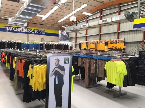 #sfsi #install #workscene #blacktown #workwear #chrome #maxe #maxepost #highvis #hangrail #shelving #clothingstore #straightarm #safetyclothing Workwear Store, Retail Ideas, Safety Clothing, Hanging Rail, Selling Clothes, Clothing Store, Showroom, Academic Dress, Work Wear