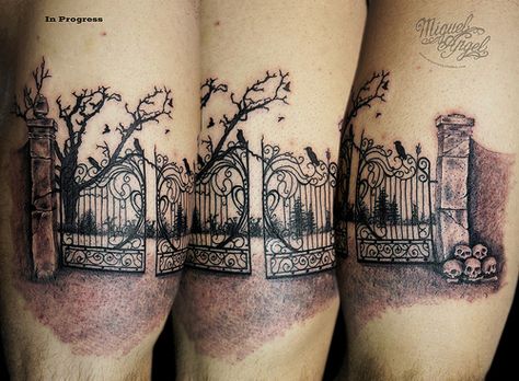 Iron gates, skulls and crows custom tattoo (in progress) Gates Tattoo, Gate Tattoo, Black Gate, Places For Tattoos, Lily Flower Tattoos, Alien Tattoo, Gothic Church, Iron Gates, Tree Tattoo