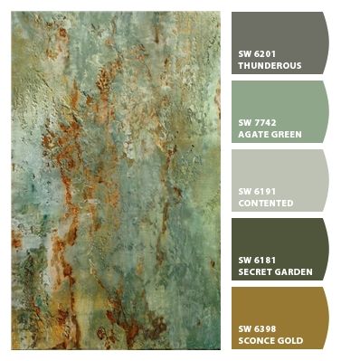 Paint colors from ColorSnap by Sherwin-Williams Bronze Green Color Palette, Faux Rock Painting, Copper Patina Color Palette, Patina Color Palette, Copper Paint Colors, Bronze Color Palette, Patina Paint, Paint Palettes, Wall Painting Techniques