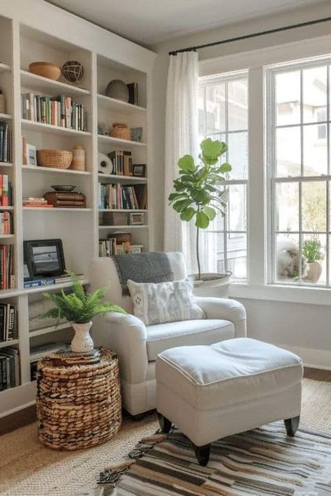 Small Living Room And Desk Area, Library Sitting Room Ideas, Small Den Room Ideas, Apartment Living Room Inspiration Cozy, Den Ideas Cozy Family Rooms, Living Room No Fireplace, Small Living Room Seating, Sitting Area In Living Room Ideas, Reading Nook In Living Room