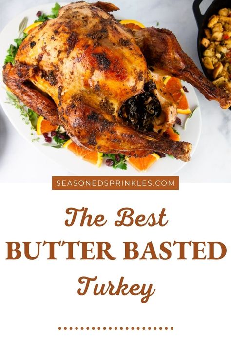 Garlic butter basted turkey marries the flavors of butter, garlic, fresh herbs, and turkey in a near perfect union. Moist and golden brown, this roasted turkey will be the Thanksgiving or Christmas feast your family talks about for years to come. #turkey #Thanksgiving #Christmas #easter #recipe Baked Turkey Recipes Thanksgiving, Butter Basted Turkey, Thanksgiving Pumpkin Recipes, Butterball Turkey, Homemade Stuffing, Thanksgiving Dinner Recipes, Homemade Gravy, Turkey Recipes Thanksgiving, Stuffing Recipes