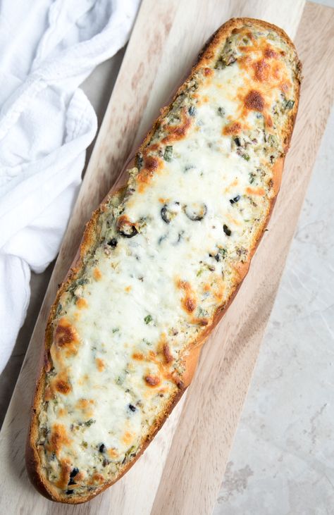 Cheesy Olive Tapenade Stuffed French Bread Olive Tapenade Uses, Tapenade Uses, Olive Cheese Bread Recipe, Olive Cheese Bread, Recipes For Pasta, Olive Tapenade Recipe, Bread Boats, Marinated Artichokes, Tapenade Recipe