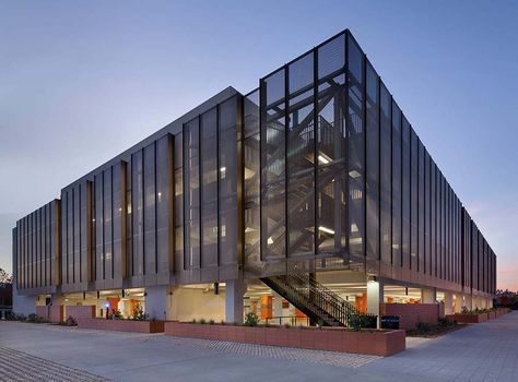 Photograph of the perforated metal panel screen system at Stanford University Parking Garage Parking Plan, San Francisco Architecture, Perforated Metal Panel, Parking Building, Metal Facade, Solar Shades, Metal Screen, Perforated Metal, Parking Design