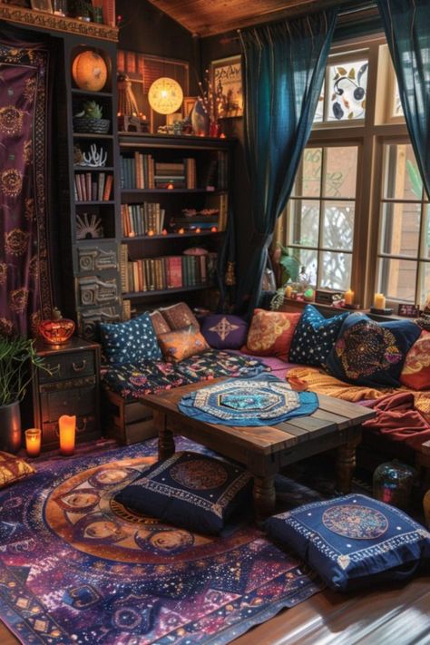 29 Earthy Boho Witchy Bedroom Themes Witchy Corner Decor, Reading Corner Aesthetic Bedroom, Witchy Boho Aesthetic, Boho Reading Corner, Tarot Space, Boho Witchy Bedroom, Rh Bedroom, Tarot Room, Witchy Room Aesthetic