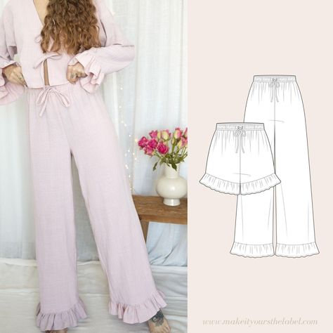 Ruffled Pyjama Pants / Shorts with elastic waist PDF Sewing Pattern 12 sizes Loungewear English - Etsy.de Diy Pants, Wide Leg Lounge Pants, Pajama Pattern, Pants With Elastic Waist, Pants Sewing Pattern, Ruffle Pants, Pajama Pant, Womens Sewing Patterns, Sewing Design