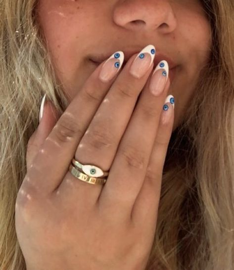 Aesthetic Nails Evil Eye, French And Evil Eye Nails, Evil Eye Nails With French Tip, French Tip With Evil Eye Nails, Heart Nails With French Tip, Nails Evil Eye French Tip, Evil Eye Nails Aesthetic, Summer Evil Eye Nails, Evil Eye Heart Nails